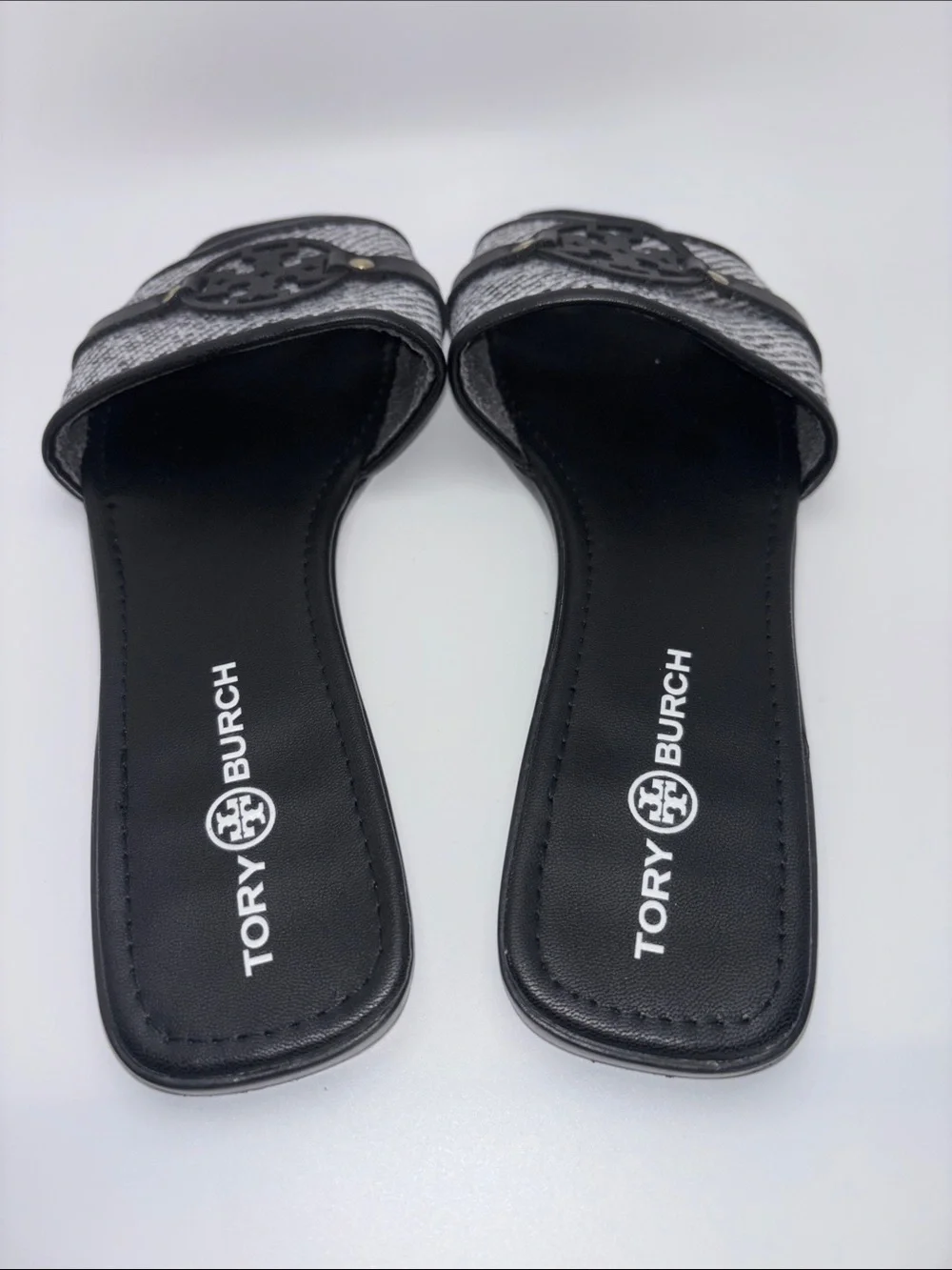 Tory Burch Black & White Logo Tweed Slide Sandals